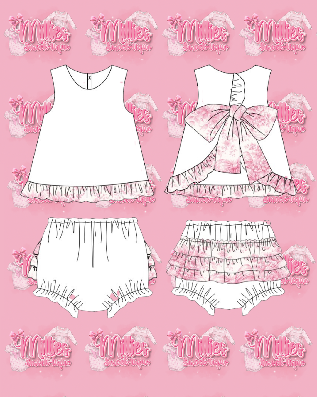 Pink Bow&Flower Toile Open Back 2 Piece Set - PRE ORDER