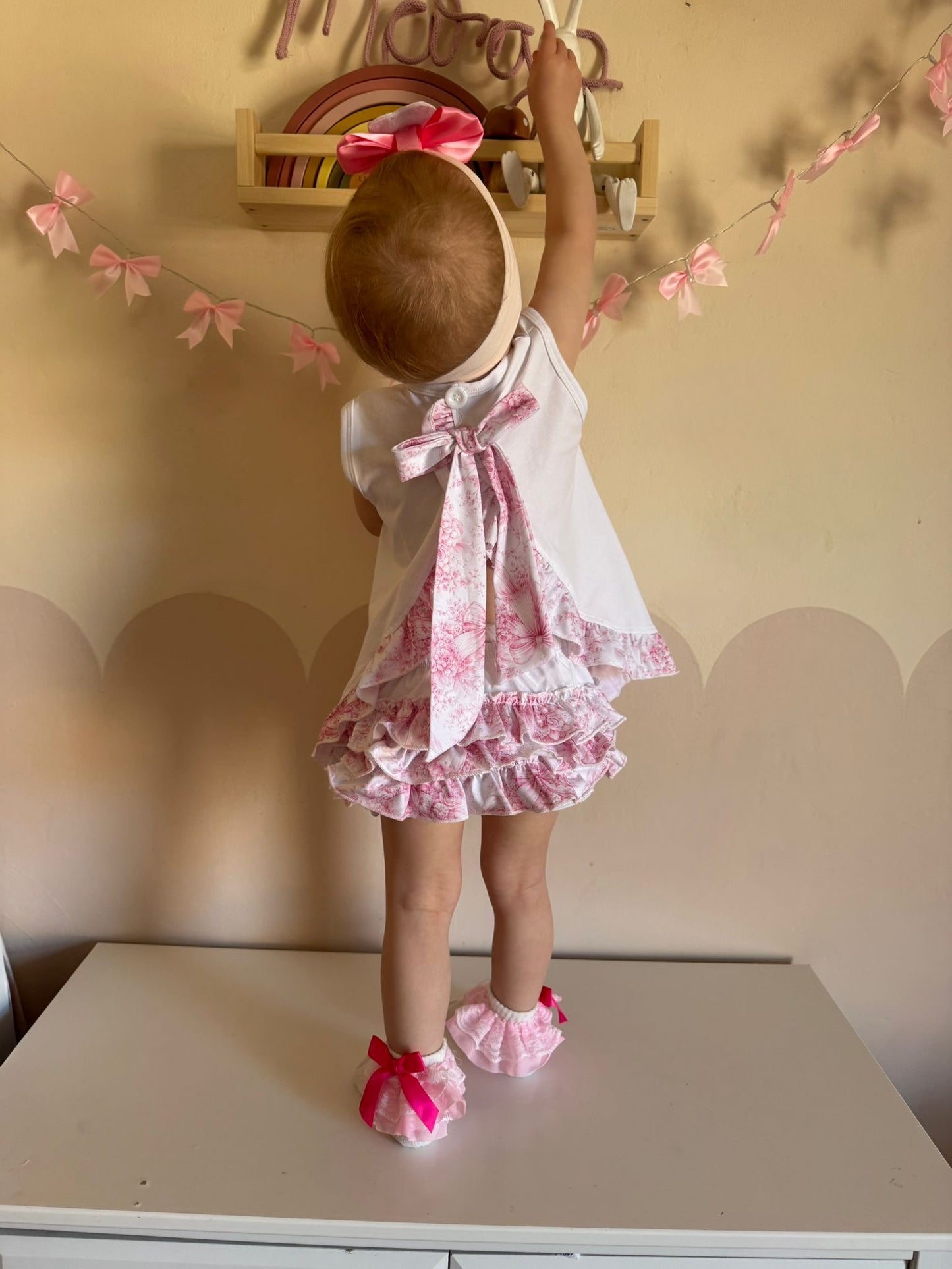 Pink Bow&Flower Toile Open Back 2 Piece Set